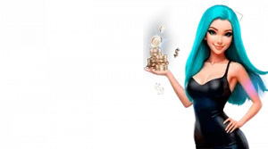 Изображение женского персонажа, держащего стопку монет, рекламирующего приветственный бонус в казино Лутран в игривом и привлекательном стиле.